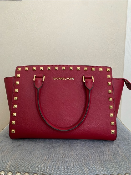 Michael Kors Handbags - Michael Kors Burgundy Studded Satchel with Gold Hardware, EUC